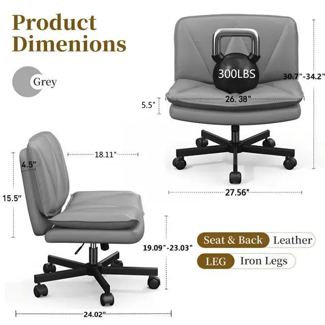 Alt view image 2 of 6 - Ergonomic Office Chair, Comfy Criss Cross Chair with Wheels and 2 Layer Cushion, Wide Swivel Chair for Bedroom, Home Office, Makp-up Room, PU Leather, Grey
