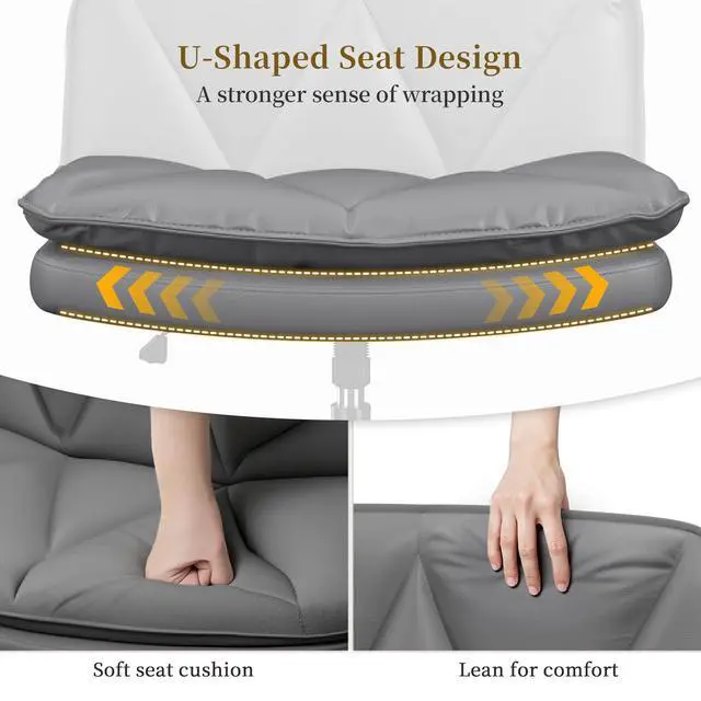 Alt view image 5 of 6 - Ergonomic Office Chair, Comfy Criss Cross Chair with Wheels and 2 Layer Cushion, Wide Swivel Chair for Bedroom, Home Office, Makp-up Room, PU Leather, Grey