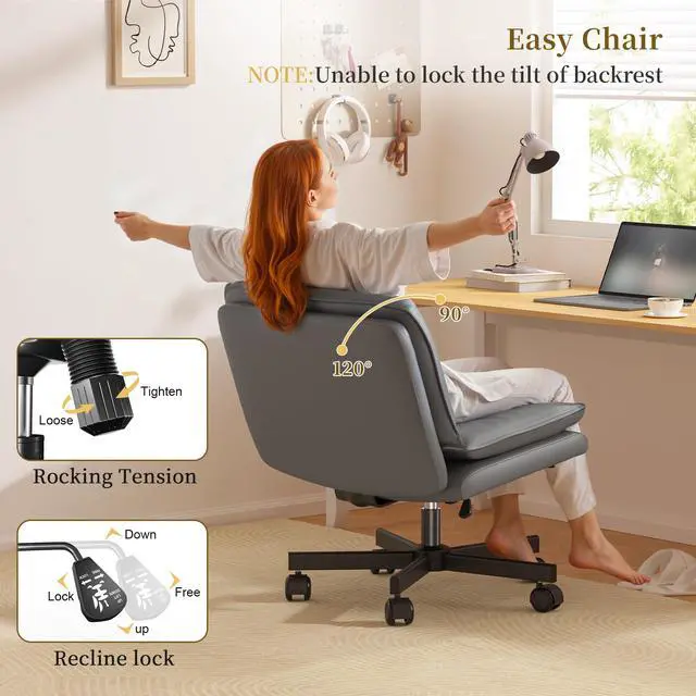 Alt view image 6 of 6 - Ergonomic Office Chair, Comfy Criss Cross Chair with Wheels and 2 Layer Cushion, Wide Swivel Chair for Bedroom, Home Office, Makp-up Room, PU Leather, Grey