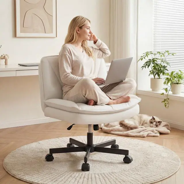 Main image of Criss Cross Office Chair, 26.38" Wide Seat for Cross Legged Sitting, Armless Swivel Desk Chair with 300 lbs Capacity, 2-Layer PU Leather, Beige