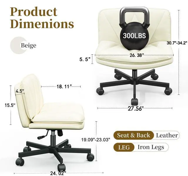 Alt view image 2 of 6 - Criss Cross Office Chair, 26.38" Wide Seat for Cross Legged Sitting, Armless Swivel Desk Chair with 300 lbs Capacity, 2-Layer PU Leather, Beige