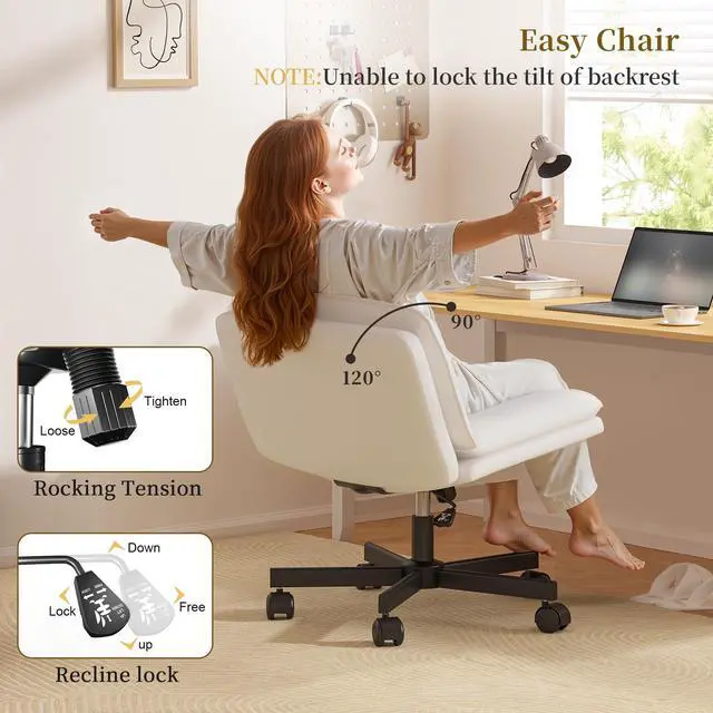 Alt view image 6 of 6 - Criss Cross Office Chair, 26.38" Wide Seat for Cross Legged Sitting, Armless Swivel Desk Chair with 300 lbs Capacity, 2-Layer PU Leather, Beige