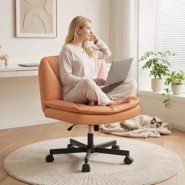 Main image of Criss Cross Chair with Wheels,Cross Legged Office Chair with 2 Layer Cushion,Comfy Wide Seat,Adjustable,Leather,Amless, for Home,Office,Bed Room Vanity,Orange
