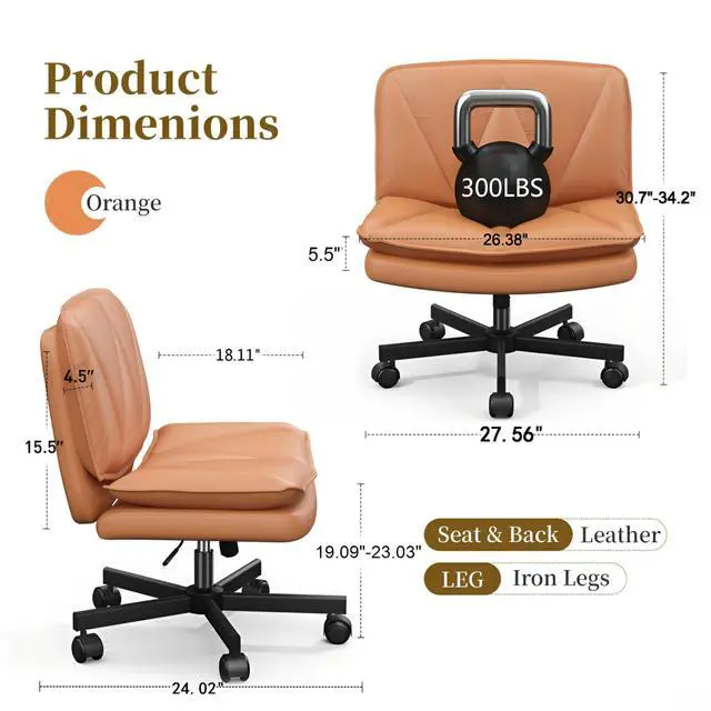 Alt view image 2 of 6 - Criss Cross Chair with Wheels,Cross Legged Office Chair with 2 Layer Cushion,Comfy Wide Seat,Adjustable,Leather,Amless, for Home,Office,Bed Room Vanity,Orange