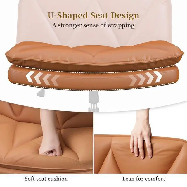 Alt view image 4 of 6 - Criss Cross Chair with Wheels,Cross Legged Office Chair with 2 Layer Cushion,Comfy Wide Seat,Adjustable,Leather,Amless, for Home,Office,Bed Room Vanity,Orange