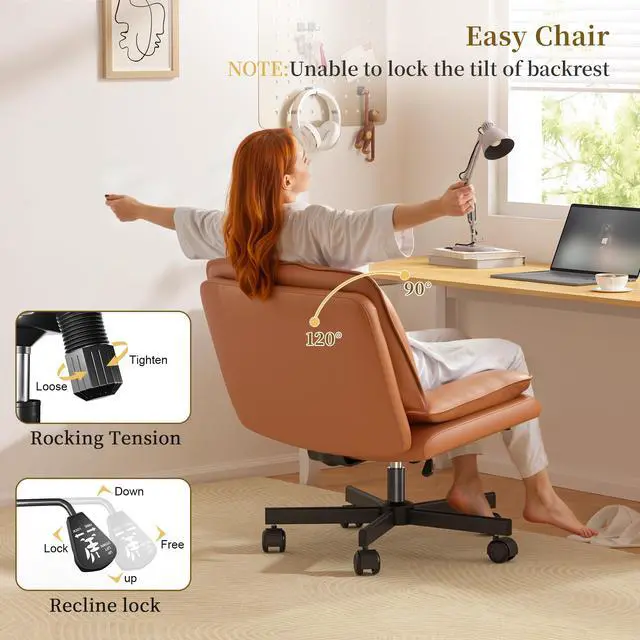 Alt view image 5 of 6 - Criss Cross Chair with Wheels,Cross Legged Office Chair with 2 Layer Cushion,Comfy Wide Seat,Adjustable,Leather,Amless, for Home,Office,Bed Room Vanity,Orange