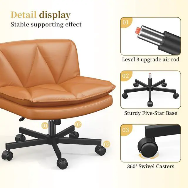 Alt view image 6 of 6 - Criss Cross Chair with Wheels,Cross Legged Office Chair with 2 Layer Cushion,Comfy Wide Seat,Adjustable,Leather,Amless, for Home,Office,Bed Room Vanity,Orange