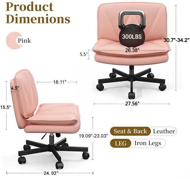 Alt view image 2 of 6 - Criss Cross Chair with Wheels,Cross Legged Office Chair with 2 Layer Cushion,Wide Seat,Leather,Amless, for Home,Office,Make Up,Vanity,Bed Room,Pink