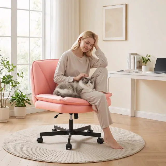 Alt view image 3 of 6 - Criss Cross Chair with Wheels,Cross Legged Office Chair with 2 Layer Cushion,Wide Seat,Leather,Amless, for Home,Office,Make Up,Vanity,Bed Room,Pink
