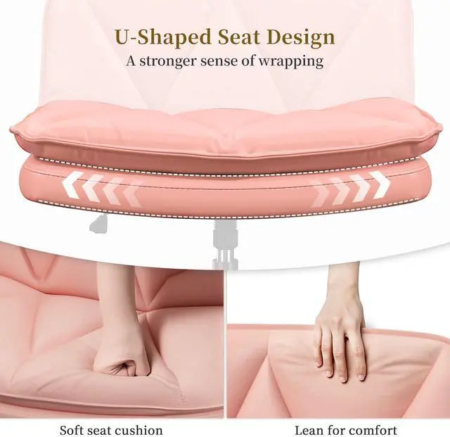 Alt view image 5 of 6 - Criss Cross Chair with Wheels,Cross Legged Office Chair with 2 Layer Cushion,Wide Seat,Leather,Amless, for Home,Office,Make Up,Vanity,Bed Room,Pink
