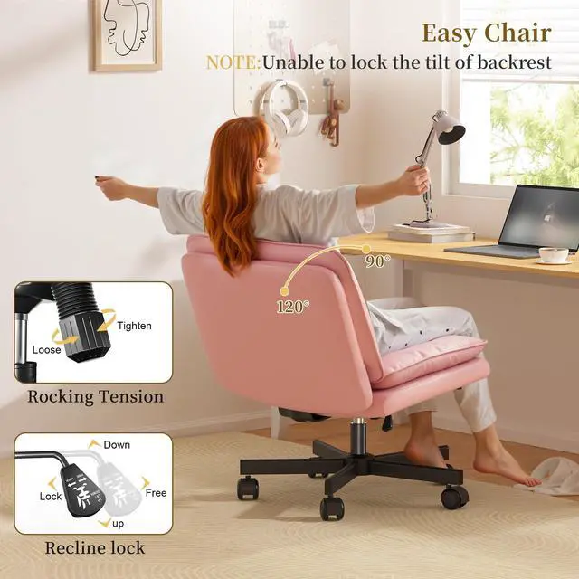 Alt view image 6 of 6 - Criss Cross Chair with Wheels,Cross Legged Office Chair with 2 Layer Cushion,Wide Seat,Leather,Amless, for Home,Office,Make Up,Vanity,Bed Room,Pink
