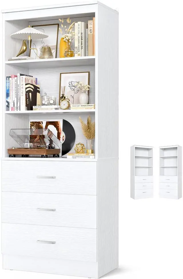 Main image of 71 Inches Bookshelf with Drawers, Wooden Bookcase with Open Shelves, 6-Tier Tall Storage Cabinet Book Shelf Storage Organizer for Living Room, Home Office, White (No Charge Station)