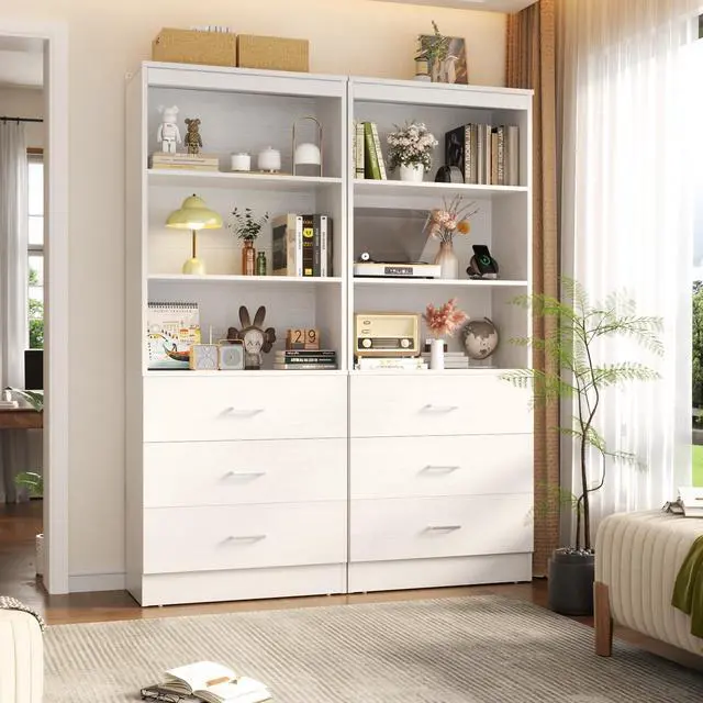 Alt view image 2 of 6 - 71 Inches Bookshelf with Drawers, Wooden Bookcase with Open Shelves, 6-Tier Tall Storage Cabinet Book Shelf Storage Organizer for Living Room, Home Office, White (No Charge Station)