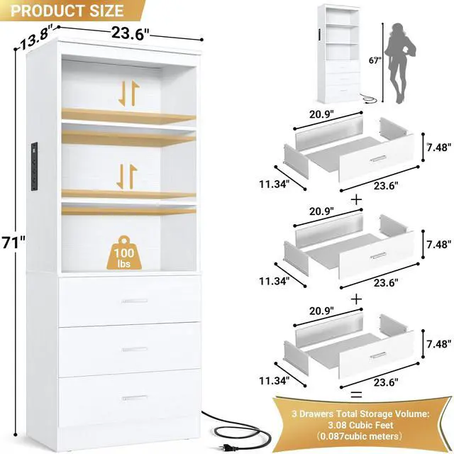Alt view image 3 of 6 - 71 Inches Bookshelf with Drawers, Wooden Bookcase with Open Shelves, 6-Tier Tall Storage Cabinet Book Shelf Storage Organizer for Living Room, Home Office, White (No Charge Station)