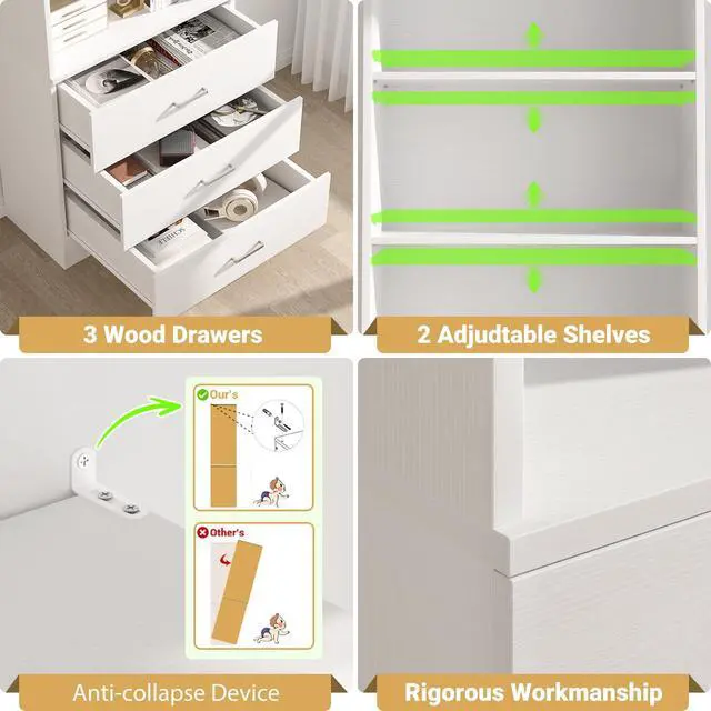 Alt view image 4 of 6 - 71 Inches Bookshelf with Drawers, Wooden Bookcase with Open Shelves, 6-Tier Tall Storage Cabinet Book Shelf Storage Organizer for Living Room, Home Office, White (No Charge Station)