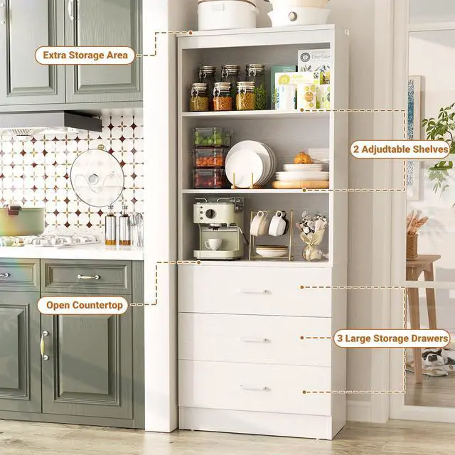 Alt view image 5 of 6 - 71 Inches Bookshelf with Drawers, Wooden Bookcase with Open Shelves, 6-Tier Tall Storage Cabinet Book Shelf Storage Organizer for Living Room, Home Office, White (No Charge Station)