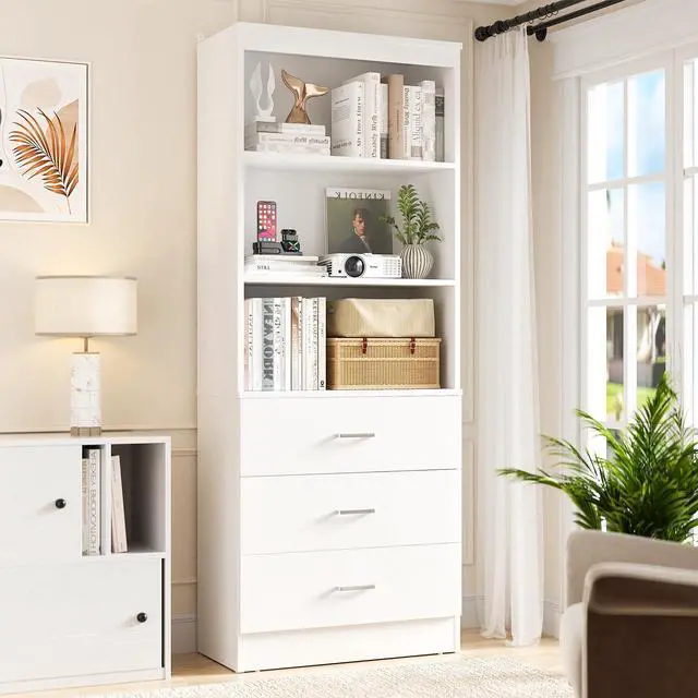 Alt view image 6 of 6 - 71 Inches Bookshelf with Drawers, Wooden Bookcase with Open Shelves, 6-Tier Tall Storage Cabinet Book Shelf Storage Organizer for Living Room, Home Office, White (No Charge Station)