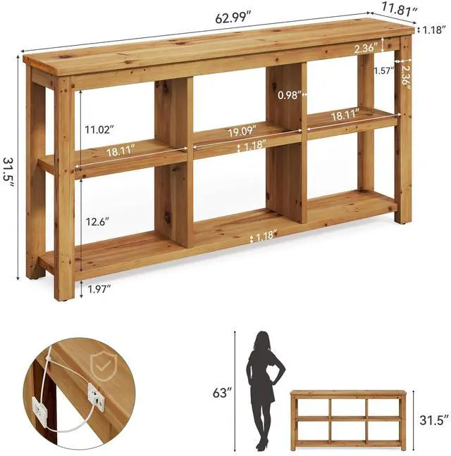Alt view image 2 of 6 - Solid Wood Horizontal Bookcase with Adjustable Shelves, 6 Cubes Storage Organizer Long Bookshelf, Farmhouse Low Cubby Bookcase for Living Room, Home Office, 63 Inches