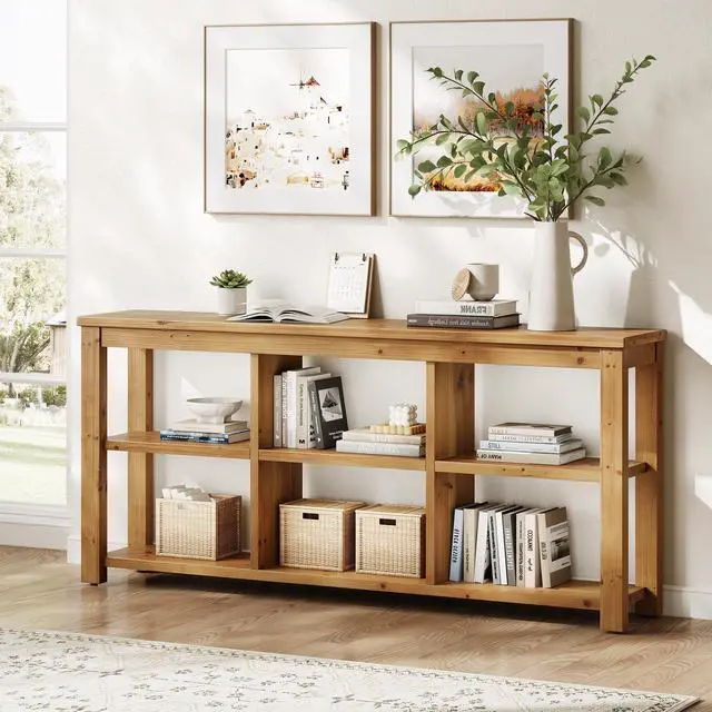 Alt view image 3 of 6 - Solid Wood Horizontal Bookcase with Adjustable Shelves, 6 Cubes Storage Organizer Long Bookshelf, Farmhouse Low Cubby Bookcase for Living Room, Home Office, 63 Inches