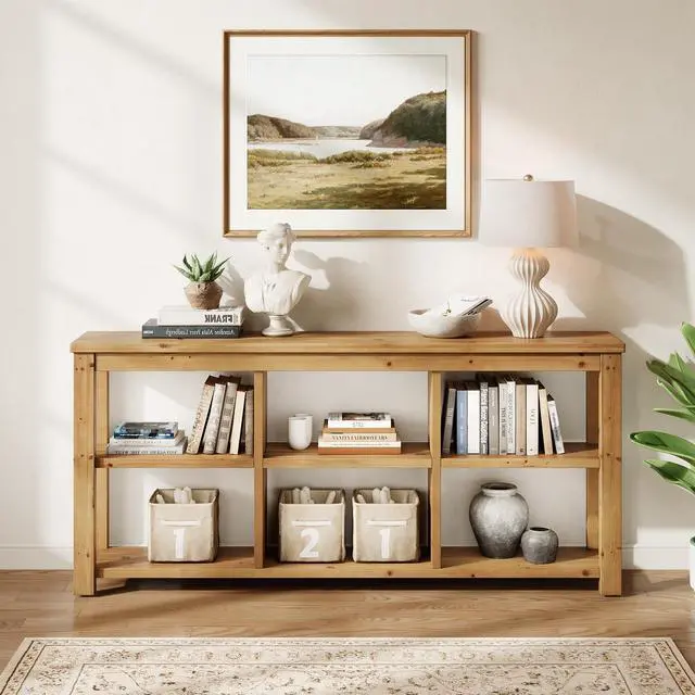 Alt view image 4 of 6 - Solid Wood Horizontal Bookcase with Adjustable Shelves, 6 Cubes Storage Organizer Long Bookshelf, Farmhouse Low Cubby Bookcase for Living Room, Home Office, 63 Inches
