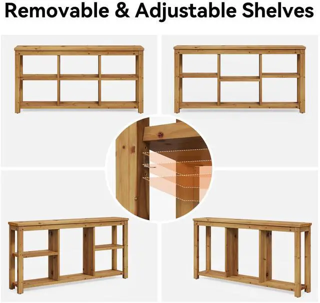 Alt view image 5 of 6 - Solid Wood Horizontal Bookcase with Adjustable Shelves, 6 Cubes Storage Organizer Long Bookshelf, Farmhouse Low Cubby Bookcase for Living Room, Home Office, 63 Inches