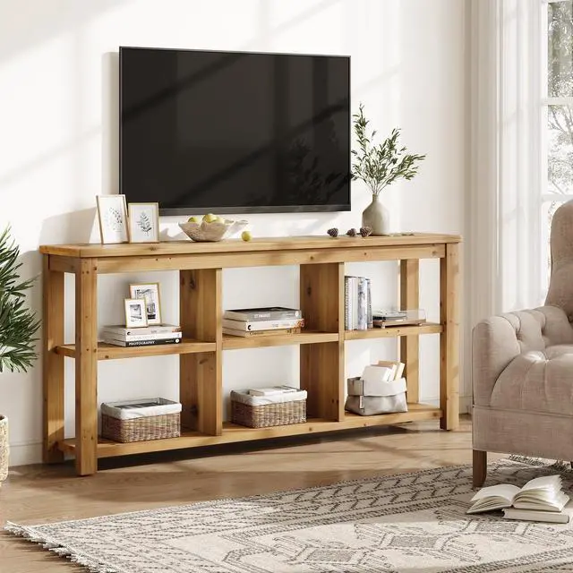 Alt view image 6 of 6 - Solid Wood Horizontal Bookcase with Adjustable Shelves, 6 Cubes Storage Organizer Long Bookshelf, Farmhouse Low Cubby Bookcase for Living Room, Home Office, 63 Inches