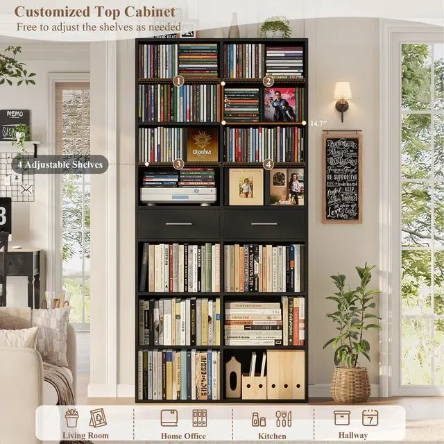 Alt view image 4 of 6 - 73" Tall Bookshelf with Drawers, 7-Tier Black Bookshelf with Storage, Double Wide Bookcase with 14 Open Book Shelves, Wood Book Case with Adjustable Shelves for Media CD DVD Storage, Black