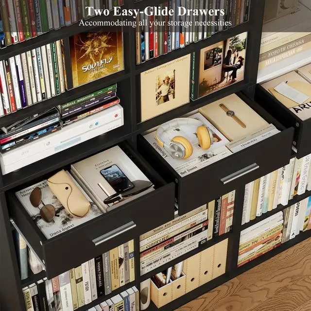 Alt view image 5 of 6 - 73" Tall Bookshelf with Drawers, 7-Tier Black Bookshelf with Storage, Double Wide Bookcase with 14 Open Book Shelves, Wood Book Case with Adjustable Shelves for Media CD DVD Storage, Black