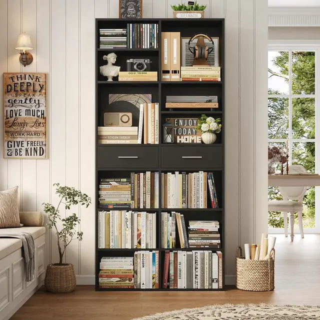 Alt view image 6 of 6 - 73" Tall Bookshelf with Drawers, 7-Tier Black Bookshelf with Storage, Double Wide Bookcase with 14 Open Book Shelves, Wood Book Case with Adjustable Shelves for Media CD DVD Storage, Black