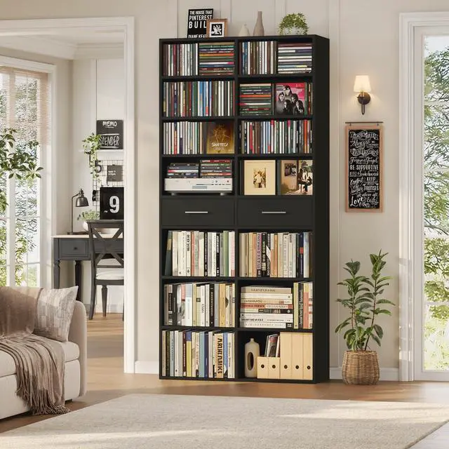 Main image of 73" Tall Bookshelf with Drawers, 7-Tier Black Bookshelf with Storage, Double Wide Bookcase with 14 Open Book Shelves, Wood Book Case with Adjustable Shelves for Media CD DVD Storage, Black