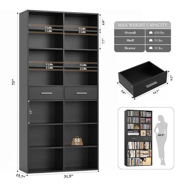 Alt view image 2 of 6 - 73" Tall Bookshelf with Drawers, 7-Tier Black Bookshelf with Storage, Double Wide Bookcase with 14 Open Book Shelves, Wood Book Case with Adjustable Shelves for Media CD DVD Storage, Black