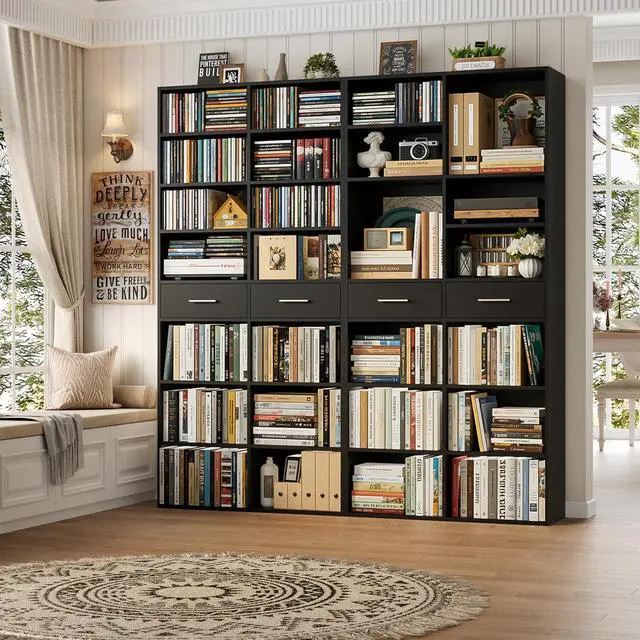 Alt view image 3 of 6 - 73" Tall Bookshelf with Drawers, 7-Tier Black Bookshelf with Storage, Double Wide Bookcase with 14 Open Book Shelves, Wood Book Case with Adjustable Shelves for Media CD DVD Storage, Black