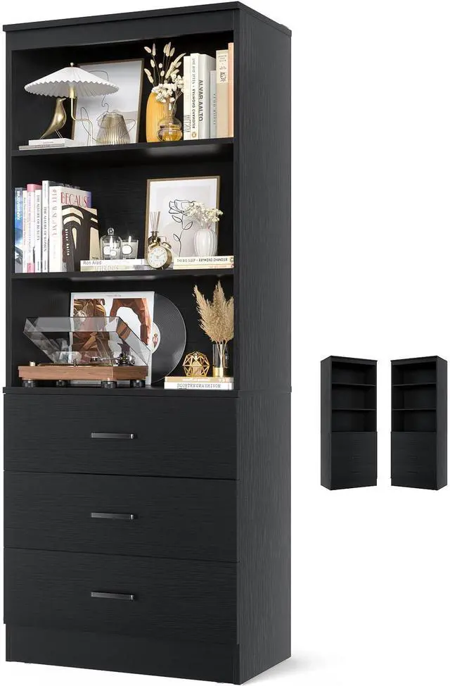Main image of 71 Inches Bookshelf with Drawers, Wooden Bookcase with Open Shelves, 6-Tier Tall Storage Cabinet Book Shelf Storage Organizer for Living Room, Home Office, Black (No Charge Station)