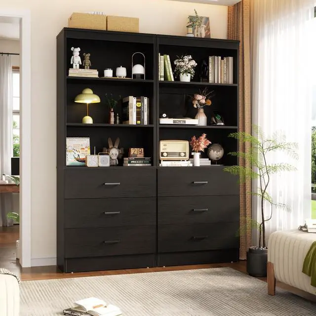Alt view image 2 of 6 - 71 Inches Bookshelf with Drawers, Wooden Bookcase with Open Shelves, 6-Tier Tall Storage Cabinet Book Shelf Storage Organizer for Living Room, Home Office, Black (No Charge Station)
