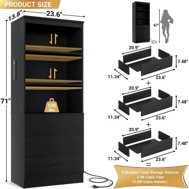 Alt view image 3 of 6 - 71 Inches Bookshelf with Drawers, Wooden Bookcase with Open Shelves, 6-Tier Tall Storage Cabinet Book Shelf Storage Organizer for Living Room, Home Office, Black (No Charge Station)