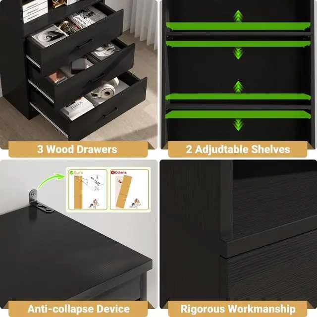 Alt view image 4 of 6 - 71 Inches Bookshelf with Drawers, Wooden Bookcase with Open Shelves, 6-Tier Tall Storage Cabinet Book Shelf Storage Organizer for Living Room, Home Office, Black (No Charge Station)