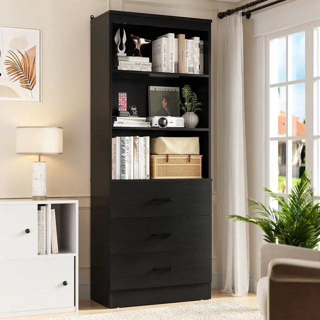 Alt view image 5 of 6 - 71 Inches Bookshelf with Drawers, Wooden Bookcase with Open Shelves, 6-Tier Tall Storage Cabinet Book Shelf Storage Organizer for Living Room, Home Office, Black (No Charge Station)