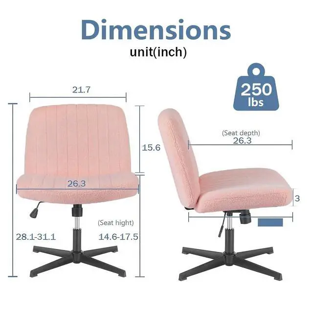 Alt view image 2 of 6 - Criss Cross Chair, Armless Desk Chair no Wheels, Cross Legged Office Chair, Swivel Vanity Chair, Height Adjustable Wide Seat Computer Task Chair for Home Office (Pink)