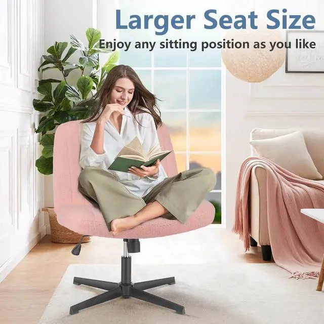 Alt view image 3 of 6 - Criss Cross Chair, Armless Desk Chair no Wheels, Cross Legged Office Chair, Swivel Vanity Chair, Height Adjustable Wide Seat Computer Task Chair for Home Office (Pink)