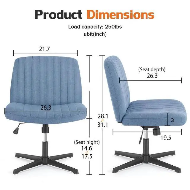 Alt view image 2 of 6 - Criss Cross Chair, Armless Desk Chair no Wheels, Cross Legged Office Chair, Swivel Vanity Chair, Height Adjustable Wide Seat Computer Task Chair for Home Office (Blue)