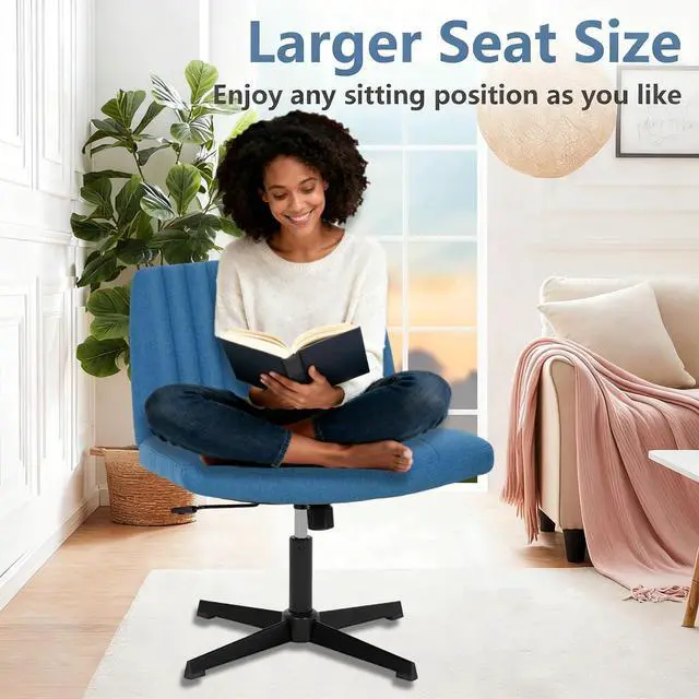 Alt view image 3 of 6 - Criss Cross Chair, Armless Desk Chair no Wheels, Cross Legged Office Chair, Swivel Vanity Chair, Height Adjustable Wide Seat Computer Task Chair for Home Office (Blue)