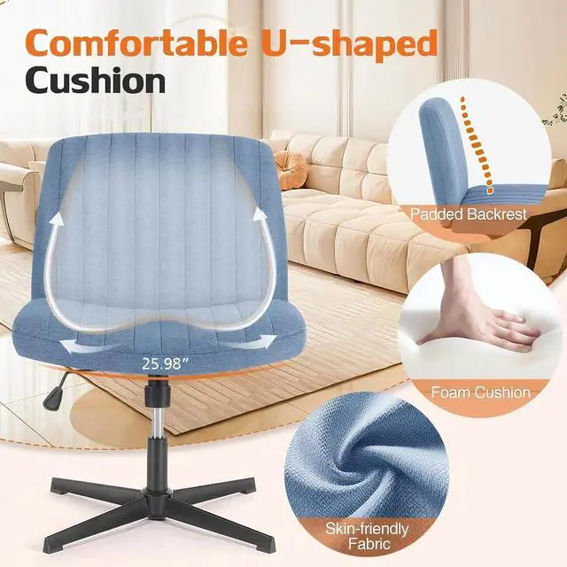 Alt view image 4 of 6 - Criss Cross Chair, Armless Desk Chair no Wheels, Cross Legged Office Chair, Swivel Vanity Chair, Height Adjustable Wide Seat Computer Task Chair for Home Office (Blue)