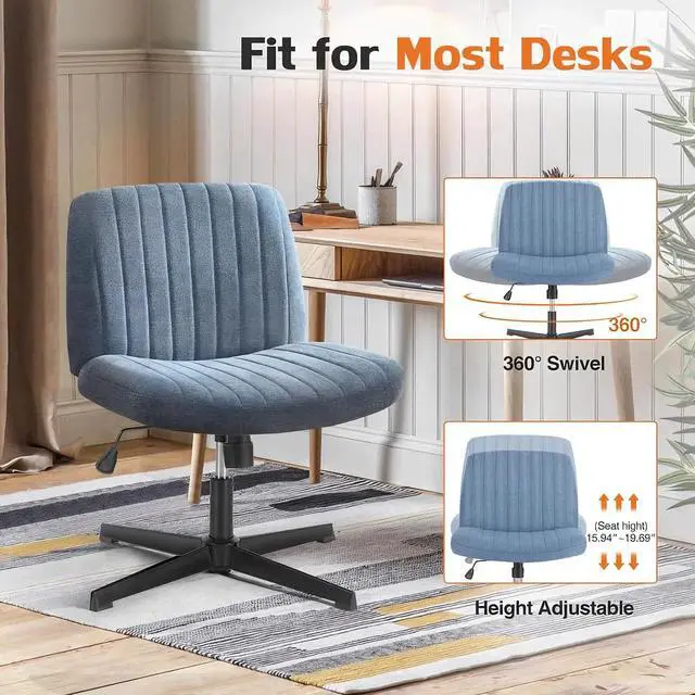 Alt view image 6 of 6 - Criss Cross Chair, Armless Desk Chair no Wheels, Cross Legged Office Chair, Swivel Vanity Chair, Height Adjustable Wide Seat Computer Task Chair for Home Office (Blue)