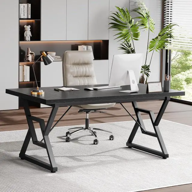 Main image of 63" Large Executive Desk - Computer Office Desk Workstation, Modern Business Writing Table with Sturdy Metal Legs for Home Office (Black/Black)