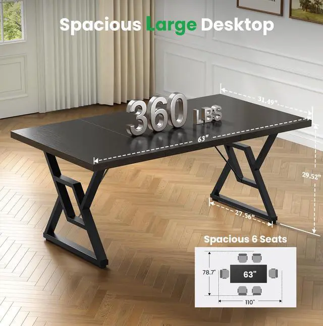Alt view image 2 of 6 - 63" Large Executive Desk - Computer Office Desk Workstation, Modern Business Writing Table with Sturdy Metal Legs for Home Office (Black/Black)