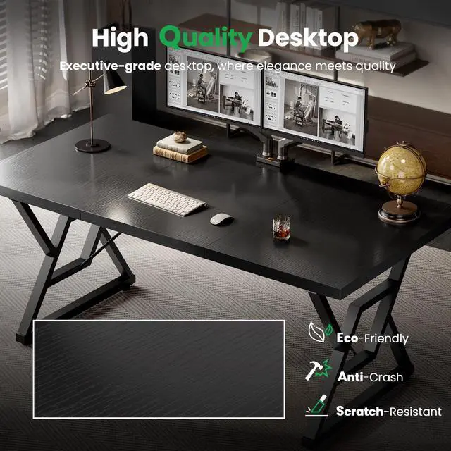 Alt view image 5 of 6 - 63" Large Executive Desk - Computer Office Desk Workstation, Modern Business Writing Table with Sturdy Metal Legs for Home Office (Black/Black)