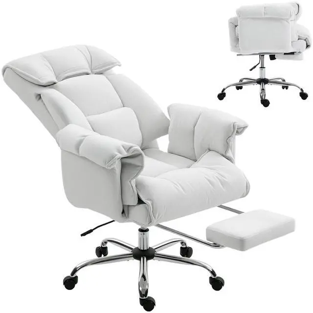 Main image of Executive Office Chair Comfy with Foot Rest, Reclining Swivel Computer Desk Chair with High Folding Back, Thick Cushion, Padded Armrest, Adjustable Height, Rolling Wheels, Cream White