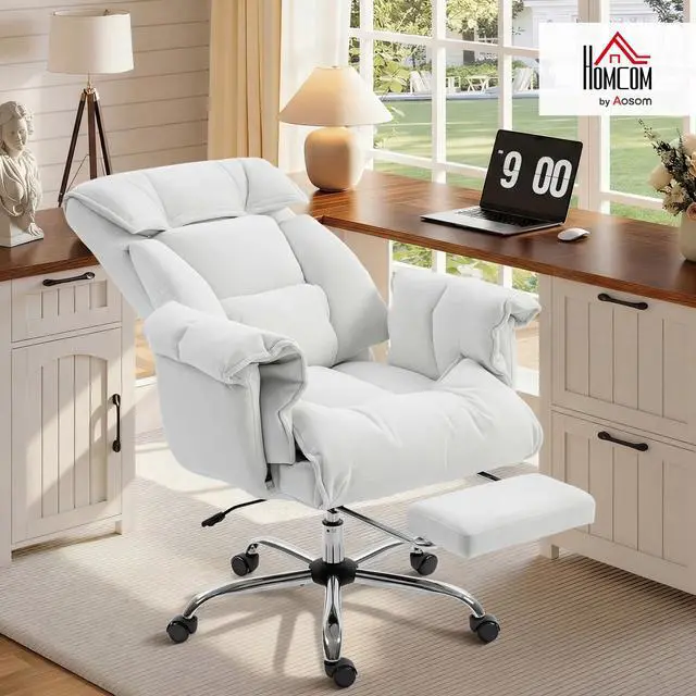 Alt view image 2 of 6 - Executive Office Chair Comfy with Foot Rest, Reclining Swivel Computer Desk Chair with High Folding Back, Thick Cushion, Padded Armrest, Adjustable Height, Rolling Wheels, Cream White