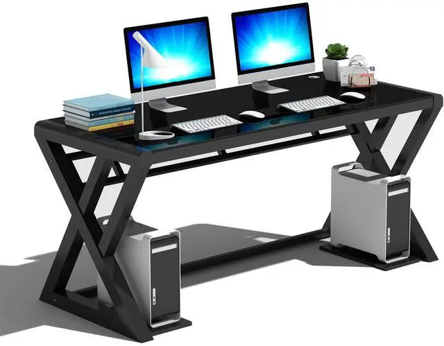 Main image of Computer Desk & Gaming Desk, Home Office Desks 55.1 Inch- Modern Simple Writing Study Glass Computer Desk Home Office Desks Space-Saving Multipurpose Workstation with Metal Frame