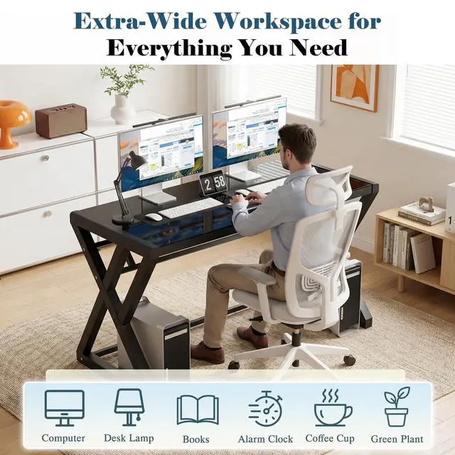 Alt view image 6 of 6 - Computer Desk & Gaming Desk, Home Office Desks 55.1 Inch- Modern Simple Writing Study Glass Computer Desk Home Office Desks Space-Saving Multipurpose Workstation with Metal Frame